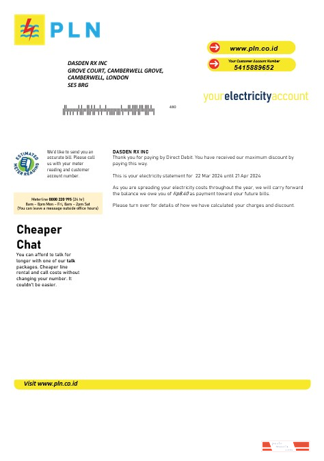 Indonesia PLN electricity business utility bill template in Word and PDF formats